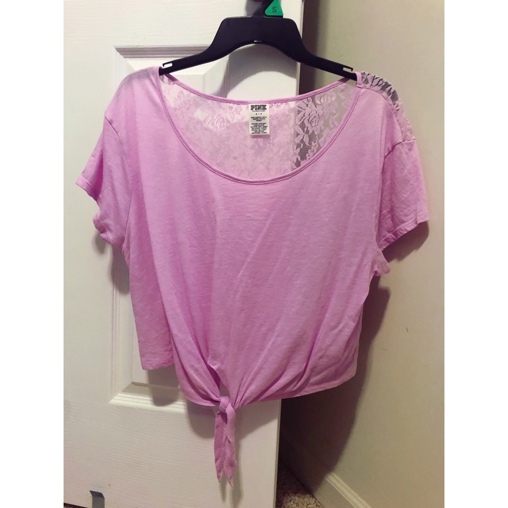 PINK Short Sleeve Crop Top with Lace Back